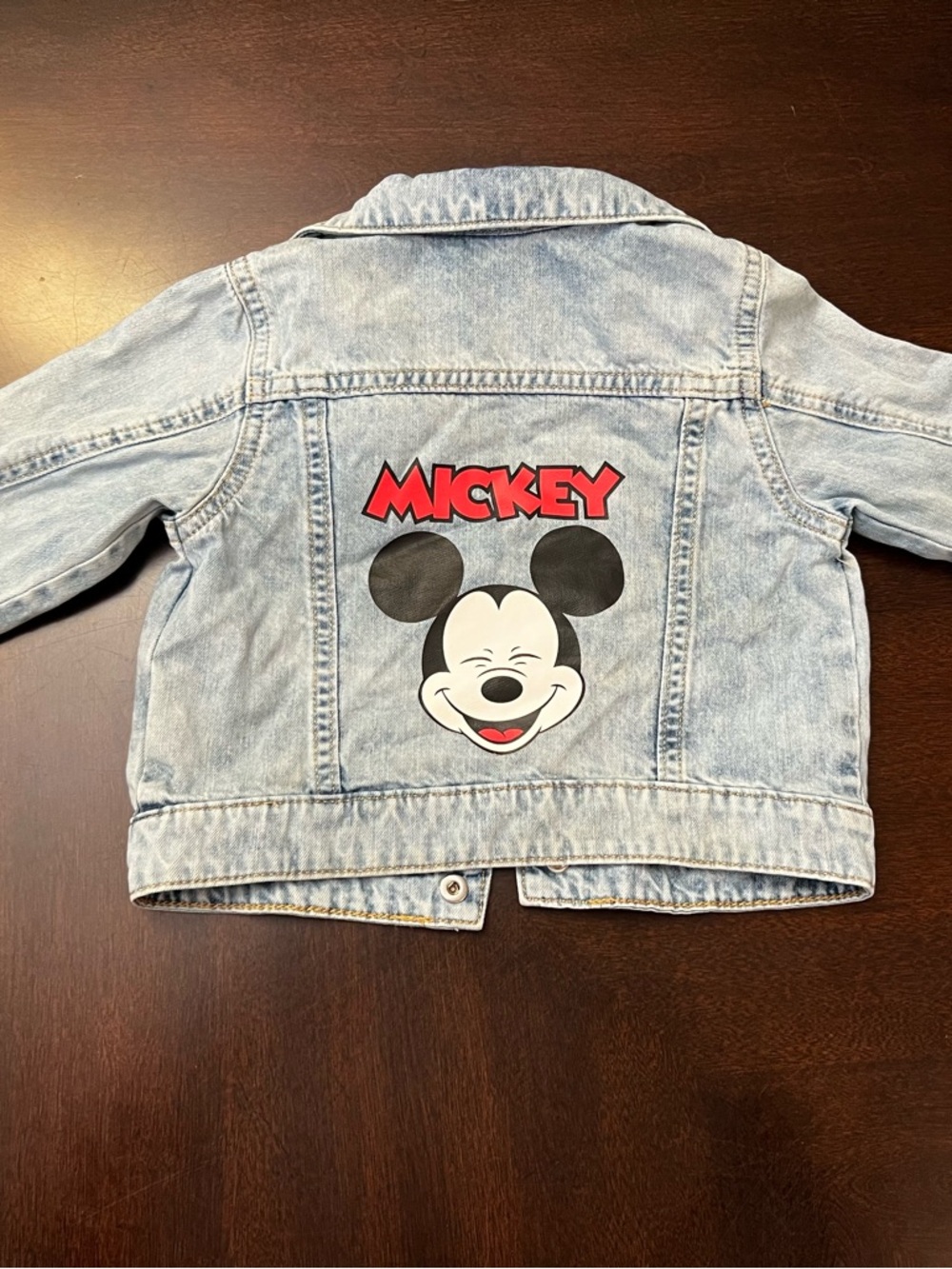 H&M Light Wash Denim Jacket with Mickey Graphic — Red & Black Accents